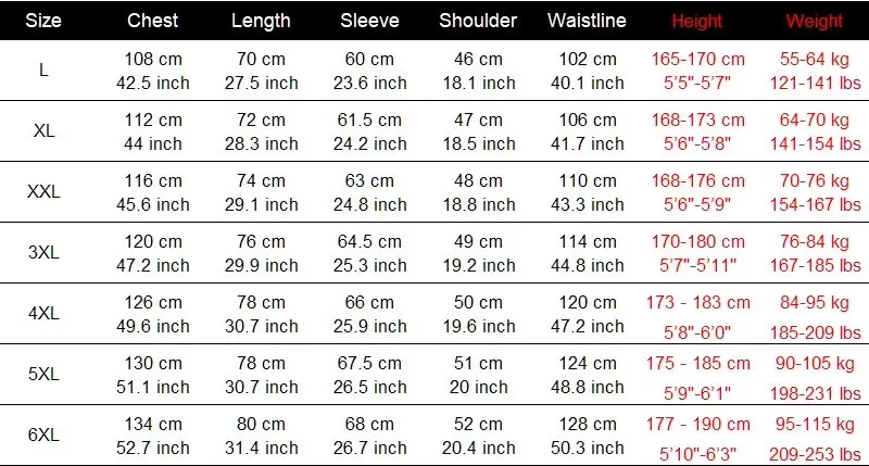 جدول المقاسات